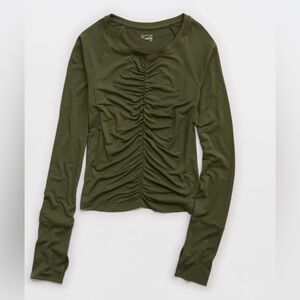 OFFLINE By Aerie Thumbs Up Ruched Long Sleeve T-Shirt Military Green Sz S